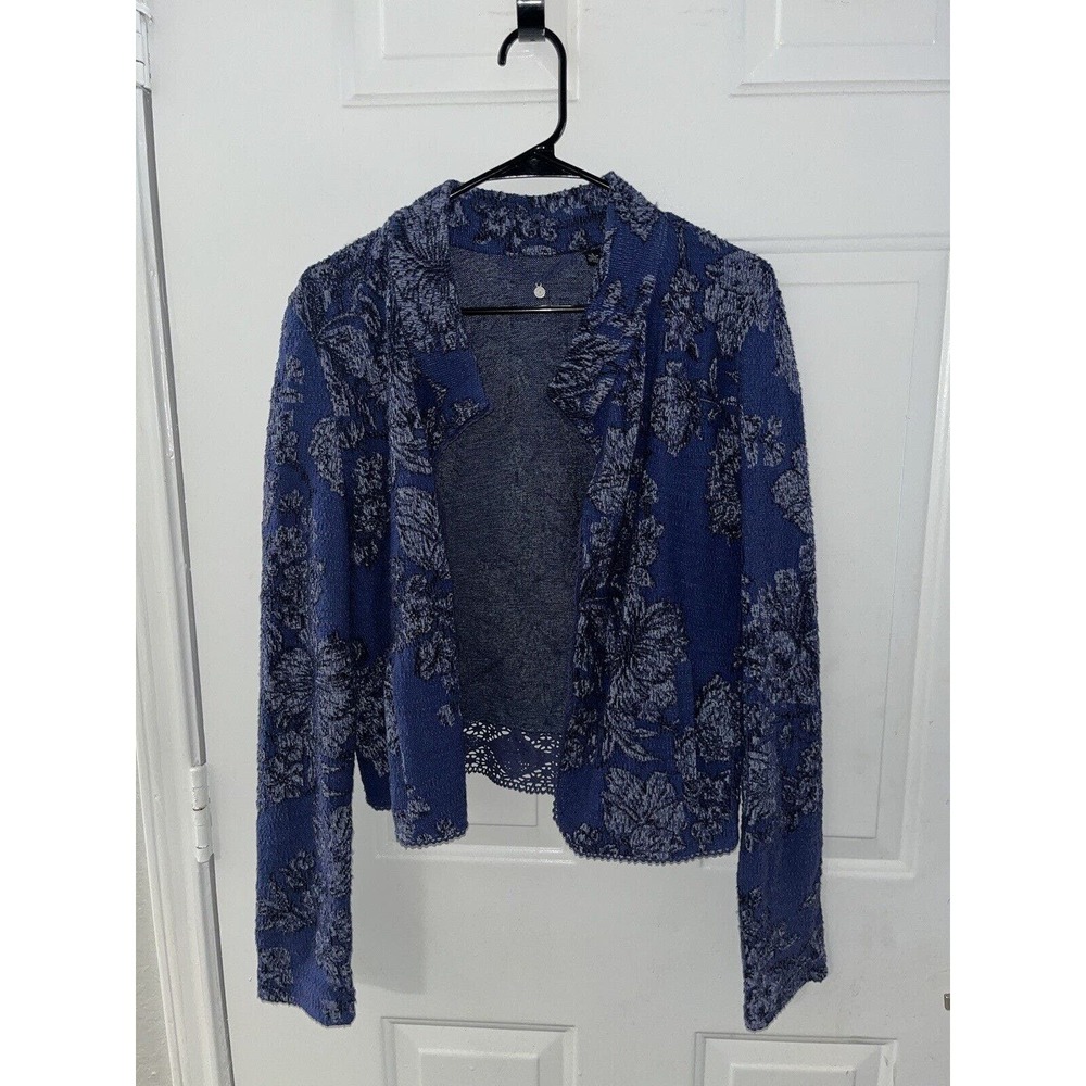 Anthropologie Knitted Knotted Cardigan Jacket Womens Large Blue Floral Cropped